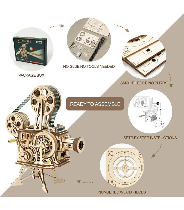 ROKR de Puzzle en 3D Projecteur de Film Vitascope Bâtiment en Bois Kit de Jouets