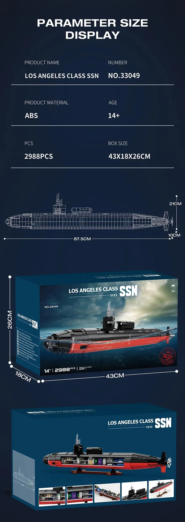 Reobrix 33049 Militärisches SSN-Baustein-Spielzeugset der Los Angeles-Klasse